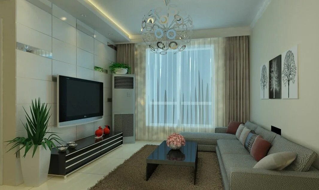 Прямоугольный зал дизайн фото Modern Minimalist Living Room with Spherical Chandeliers