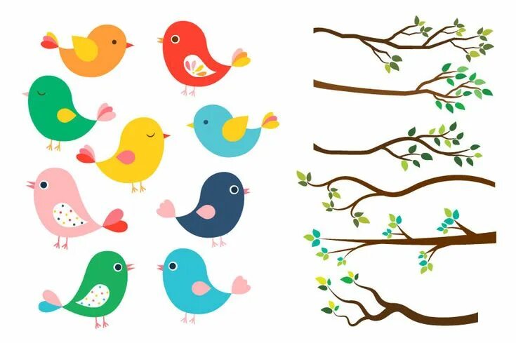 Птички для оформления группы в детском Cute colorful birds clipart, Tree branches green leaves, Spring bird By Pravokru