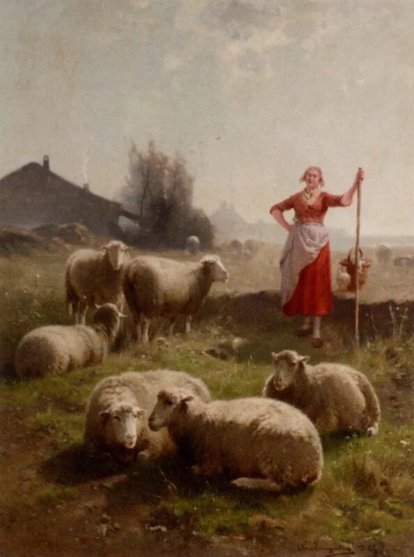 Птица пастушка фото ARC / A Shepherdess And Her Flock by Cornelis van Leemputten Sheep paintings, Sh