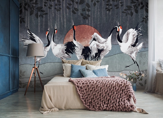 Птицы в интерьере фото BIRDS Cranes Wallpaper BIRDS Wall Mural Wall Decoration Etsy Франция