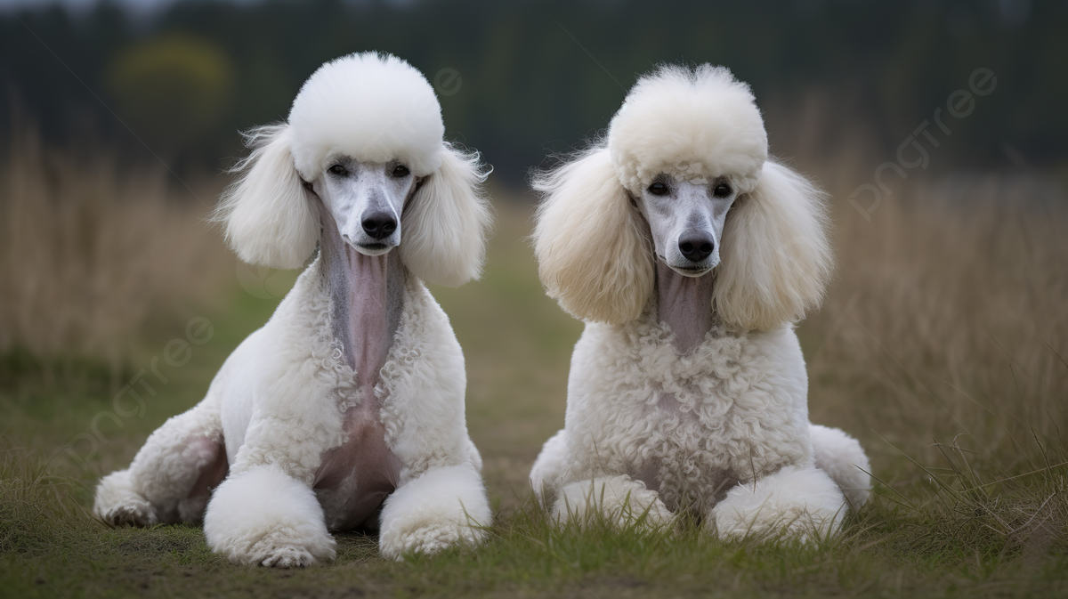 Пудель французский фото Two Poodles Sit Down Near The Grass Background, Picture Of French Poodles Backgr