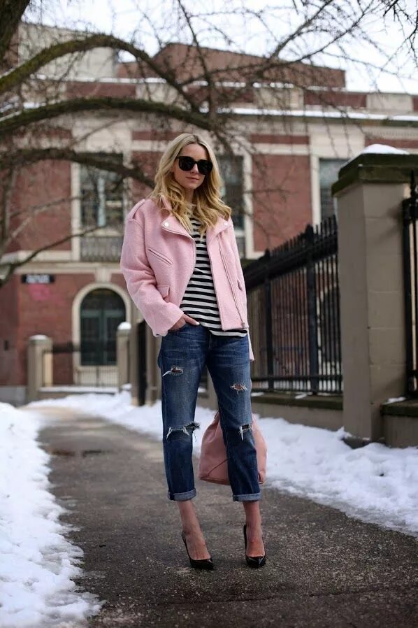 Пудровая куртка с чем носить образ фото Atlantic-Pacific Style, Pink biker jacket, Street style