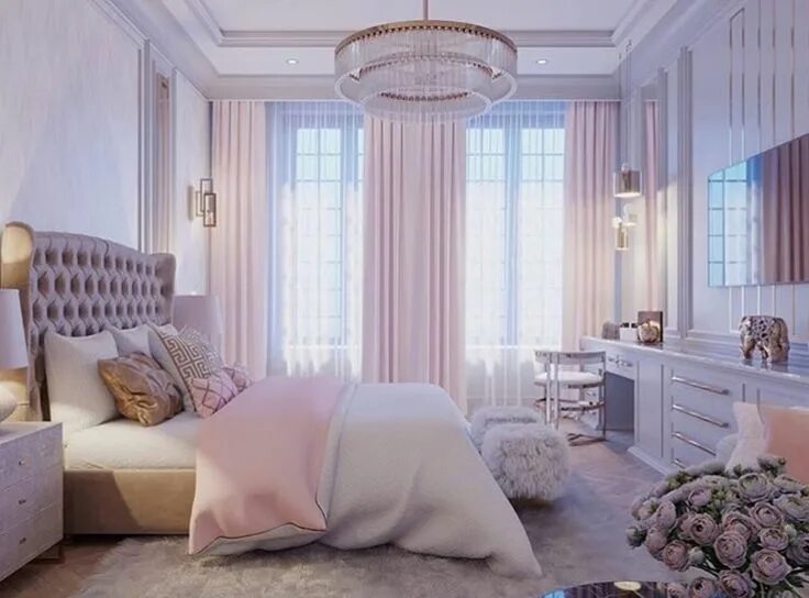 Пудровый интерьер спальни White and pink bedroom with gold accents - Bedroom inspiration Bedroom decor, Lu