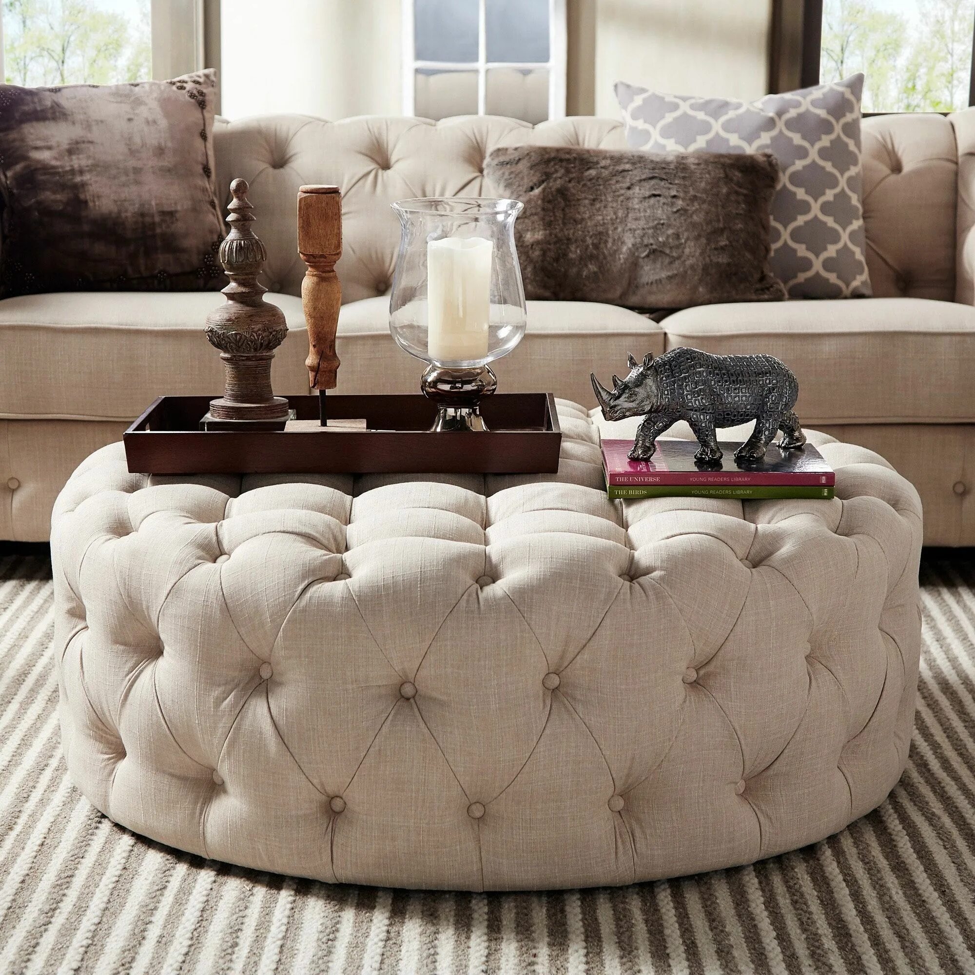 Пуфы в интерьере гостиной фото Knightsbridge Round Tufted Cocktail Ottoman with Casters by iNSPIRE Q Artisan (B