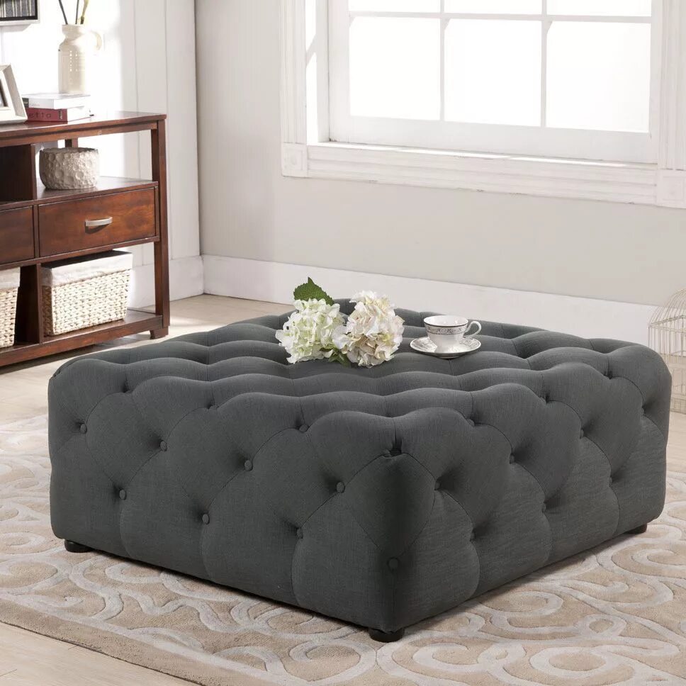 Пуфы в интерьере гостиной фото Gracewood Hollow Clare Grey Linen Modern Tufted Ottoman in 2019 Tufted ottoman, 