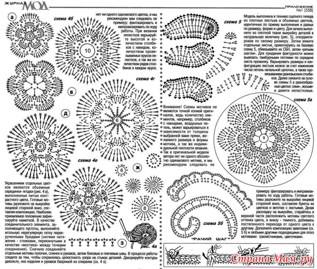 Пуговица крючком схема с описанием из ЖМ № 558. схемы цветов и обвязки "рачий шаг": фотография в альбоме Схемы. - С
