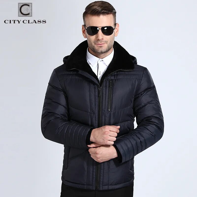 Пуховик мужской деловой стиль City Class Winter Jackets Men Warm Hooded Bio Down Jacket Lamb Fur Collar Slim F