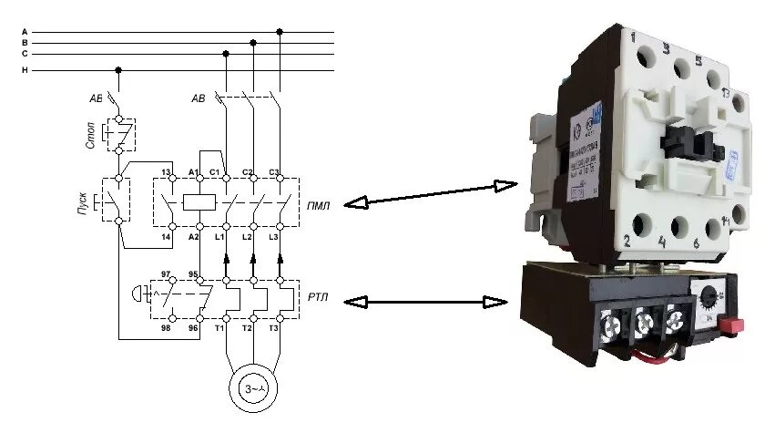 Пускатель через тепловое реле схема подключения Контактор с тепловым реле фото - DelaDom.ru