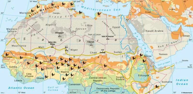 Пустыня сахара административное деление достопримечательности фото карта Diercke Weltatlas - Kartenansicht - Sahara and Sahel - Desert landforms - 978-3-