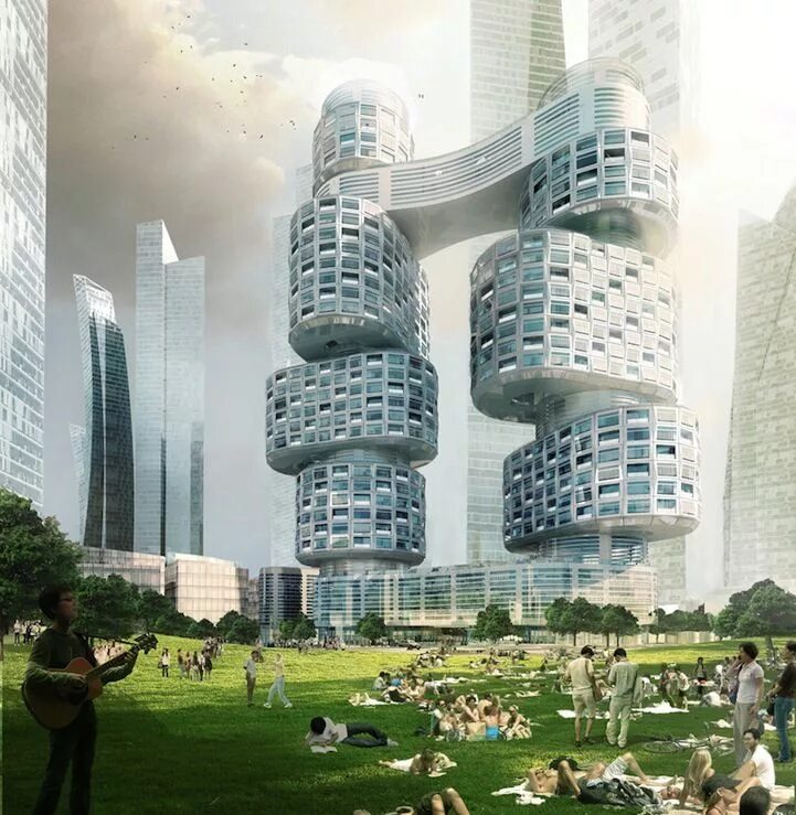 Пути развития современной архитектуры и дизайна Seoul's Clustering Towers Connected by 30-Story Bridge Modern architecture desig