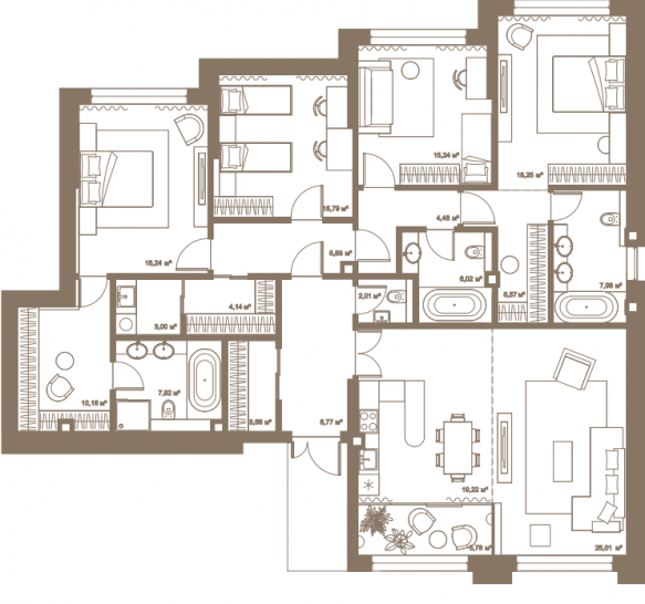 Пятикомнатная квартира планировка Пятикомнатная квартира 188.57 м² в ЖК "Нескучный HOME & SPA (Хоум энд СПА)" на п