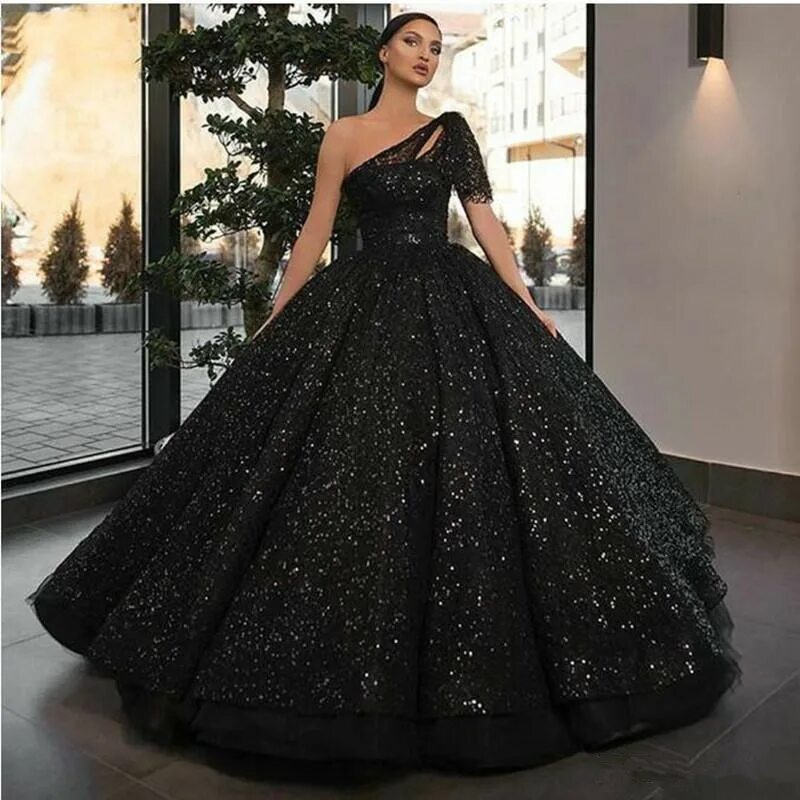 Пышные вечерние платья фото 2020 Sparkly Glitter Sequin Prom Dresses One Shoulder Black Ball Gown Beads Even