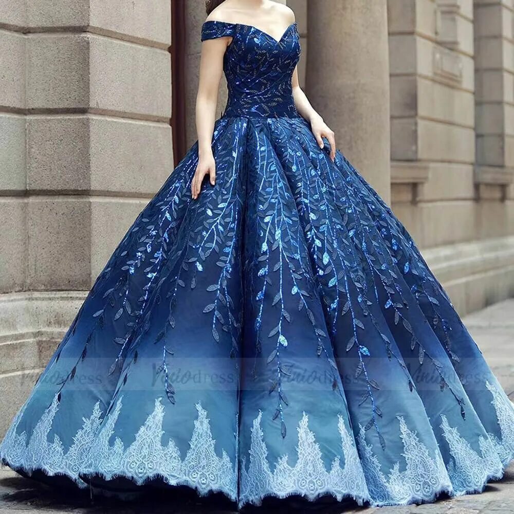 Пышные вечерние платья фото Vintage Navy Blue Quinceañera Dress Sparkling Lace Ball Gowns FD1108 viniodress 