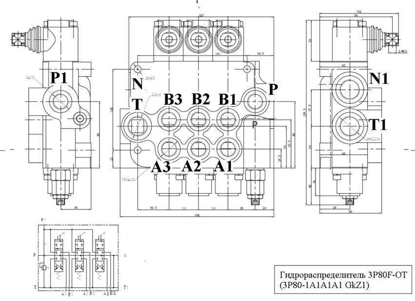 Р75 3 022б гидрораспределитель схема подключения Гидрораспределитель моноблочный 3Р80-1А8А8А8 GkZ1