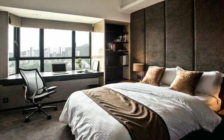 Рабочая зона в спальне дизайн интерьера фото Image result for upholstered headboard wall Bedroom design, Modern bedroom desig