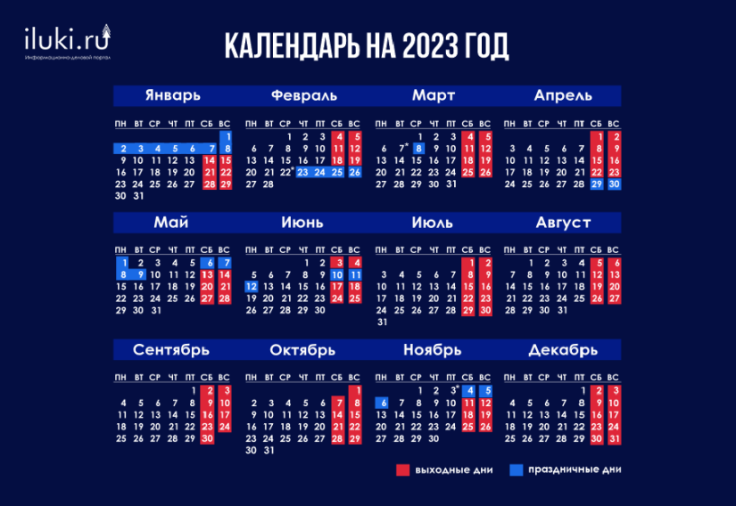 Рабочий календарь 2023 года с праздниками Календарь рабочих и выходных дней на 2023 год