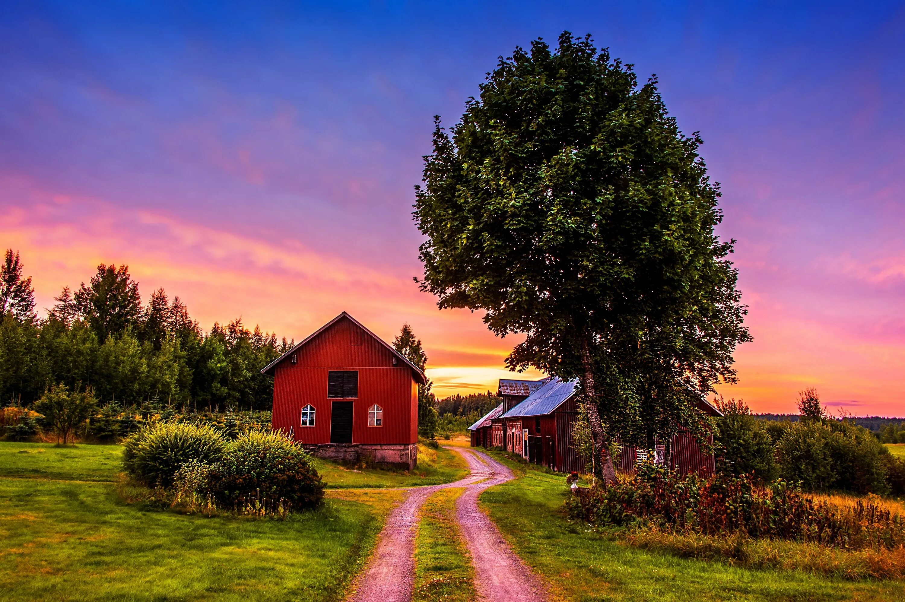 Рабочий стол деревня фото Sunset trees road home landscape rustic farm house wallpaper 4196x2792 356874 Wa