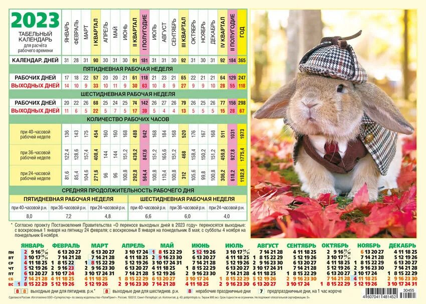 Рабочий табель календарь на 2025 год Табельный календарь А4 2023. Год Кролика уп.50шт. Купить оптом в Новосибирске - 