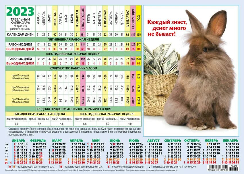Рабочий табель календарь с праздниками Табельный календарь А4 2023. Год Кролика. Деньги уп.50шт. Купить оптом в Новосиб