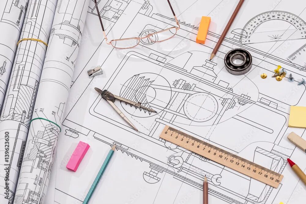 Работа с чертежами фото Workplace - technical project drawing with engineering tools. Construction backg