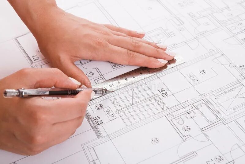 Работа с чертежами фото Architect Drawing Architectural Project Closeup Stock Image - Image of female, e