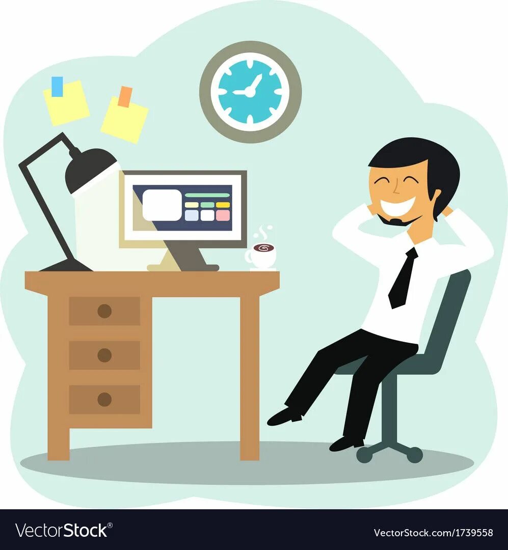 Работник офиса картинки Happy office worker at the desk vector illustration. Download a Free Preview or 