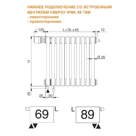 Радиатор 12 секций нижнее подключение Трубчатый радиатор Arbonia 3037/34, нижнее подключение с вентилем № 69 ТВВ, белы