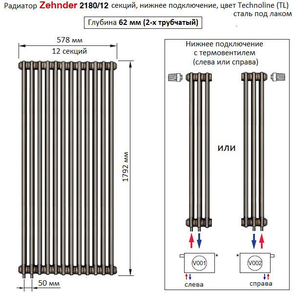 Радиатор 12 секций нижнее подключение Радиатор Zehnder Charleston 2180/10 секций TL нижнее подключение Completto V001 