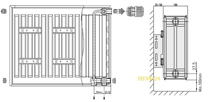 Радиатор аксис с нижним подключением Радиатор Axis 22 300x900 Ventil