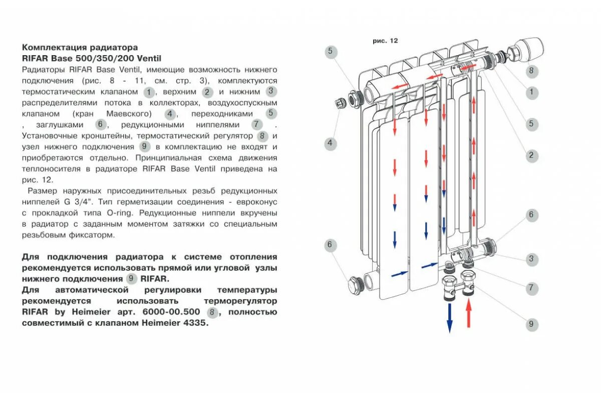 Радиатор отопления с нижним подключением принцип работы Радиатор биметалл Rifar BASE VENTIL VL 500 x3/4", 8 секции 1576вт