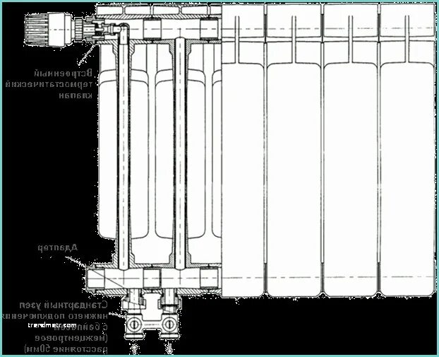 Радиатор отопления с нижним подключением в разрезе Рифар монолит нижнее подключение схема