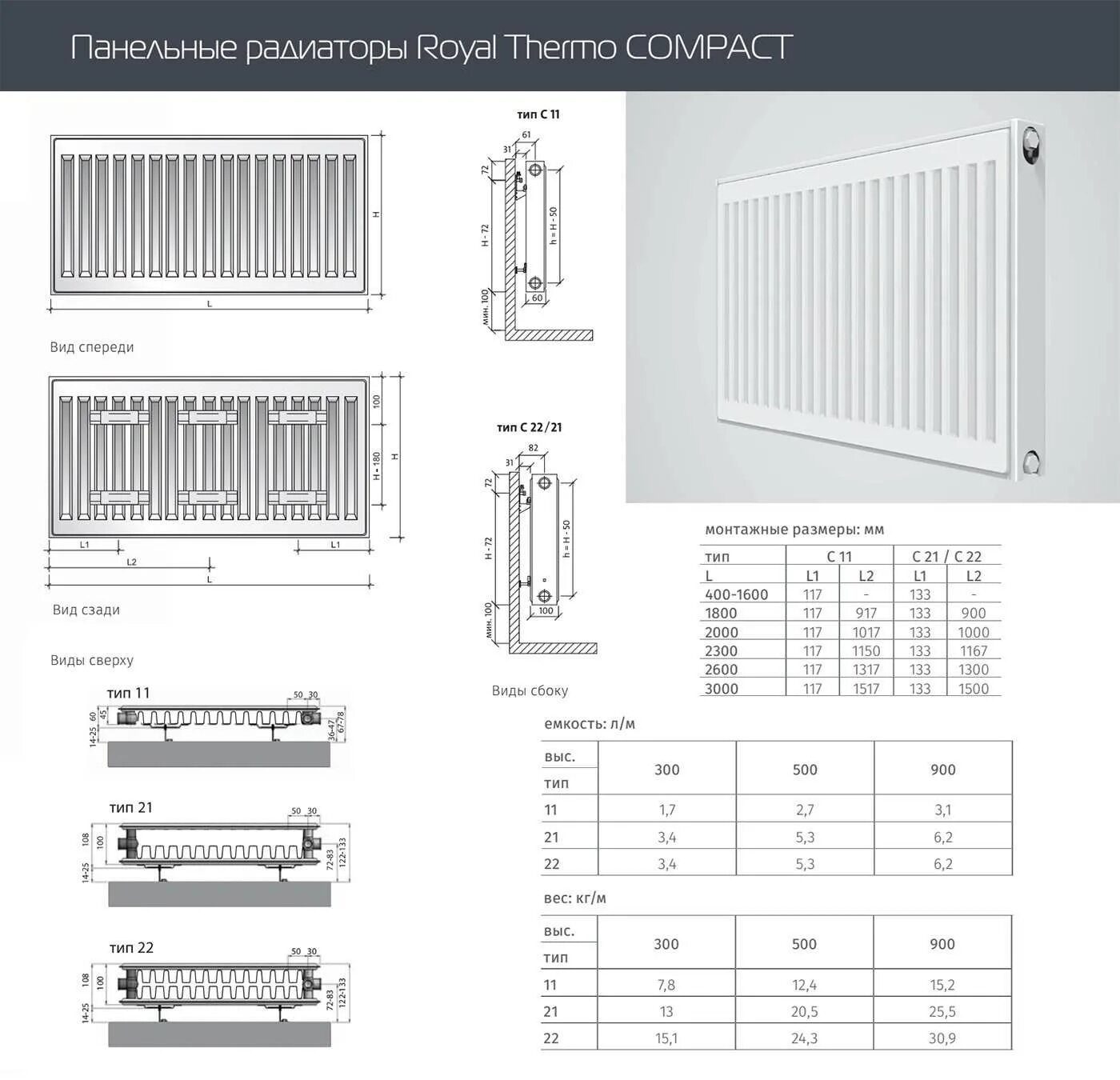 Радиатор отопления стальной тип 22 подключение Купить Стальной панельный радиатор Тип 11 Royal Thermo COMPACT 11-600-1100 по лу