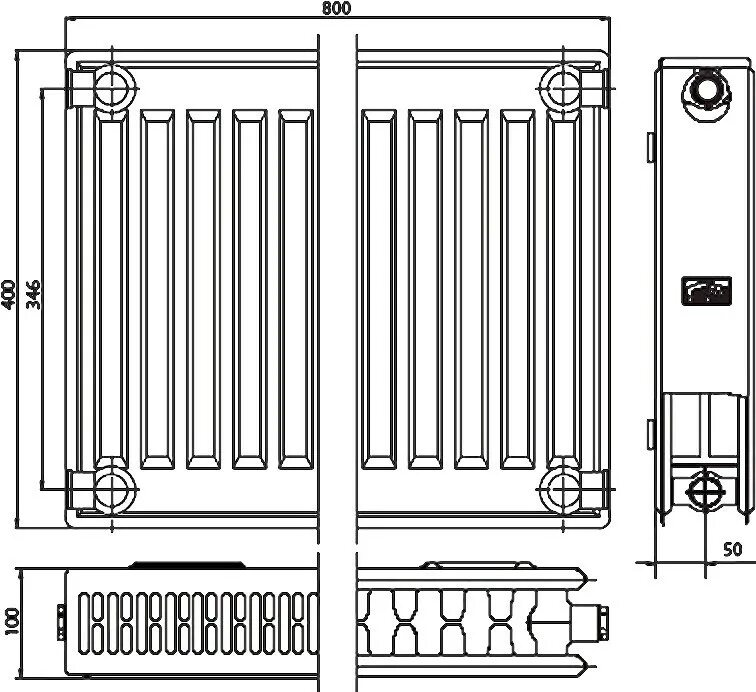 Радиатор с нижним подключением чертеж Стальной панельный радиатор KERMI Profil-K FKO тип 12 - 400x800 мм, подключение 