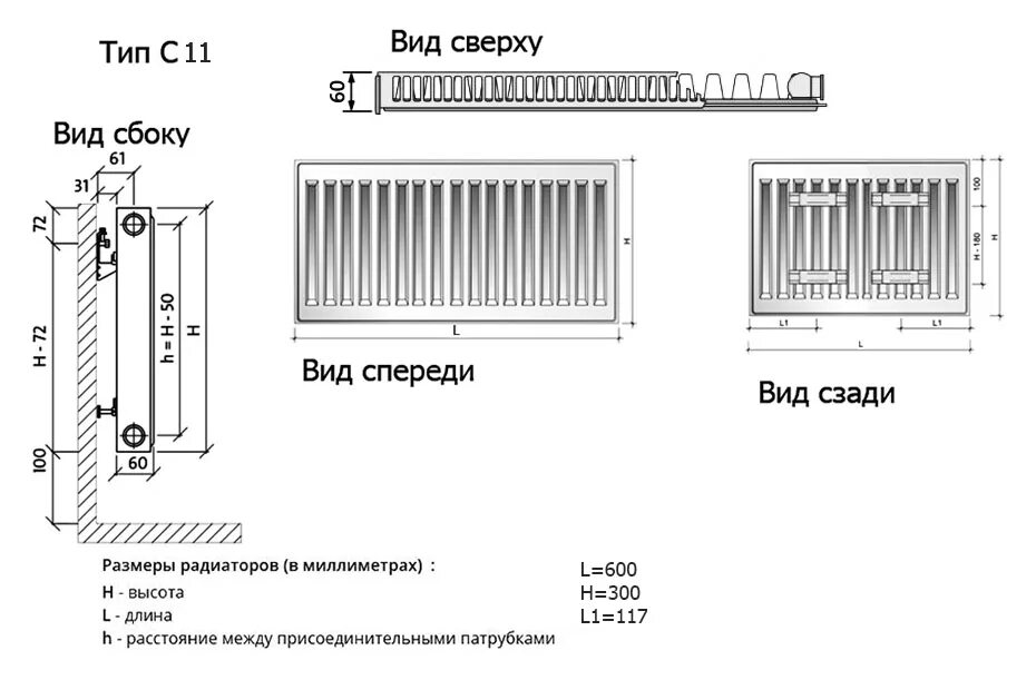 Радиатор с нижним подключением размеры Стальной радиатор Purmo Compact C 11 0306 панельный с боковым подключением купит