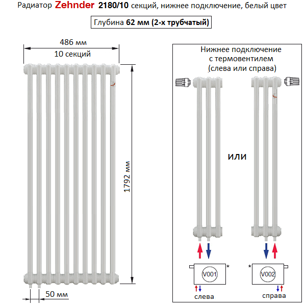 Радиатор вертикальный 1800 нижнее подключение Радиатор Zehnder Charleston 2180/10 секций белый нижнее подключение Completto V0