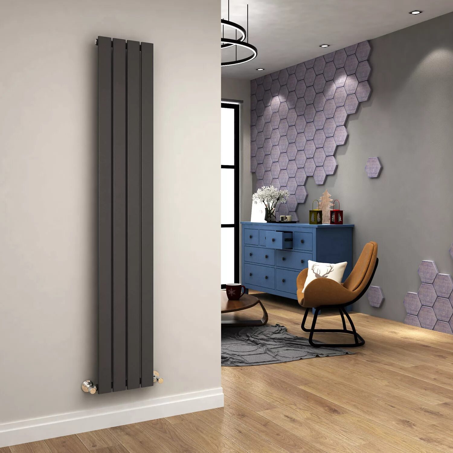 Радиаторы на стене фото Sally 380X1800mm Matt Black Vertical Column Radiator Anthracite Single Flat Pane