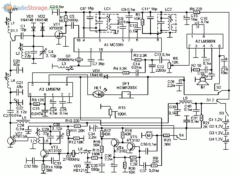 Радиостанции схемы электрические принципиальные Радиостанция КВ диапазона на 27МГц с модулем вызова (MC3361, LM567M, LM386)
