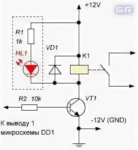 Радиоуправляемые реле схема подключения Исполнительная цепь с индикацией включения реле Биполярный транзистор, Схемотехн