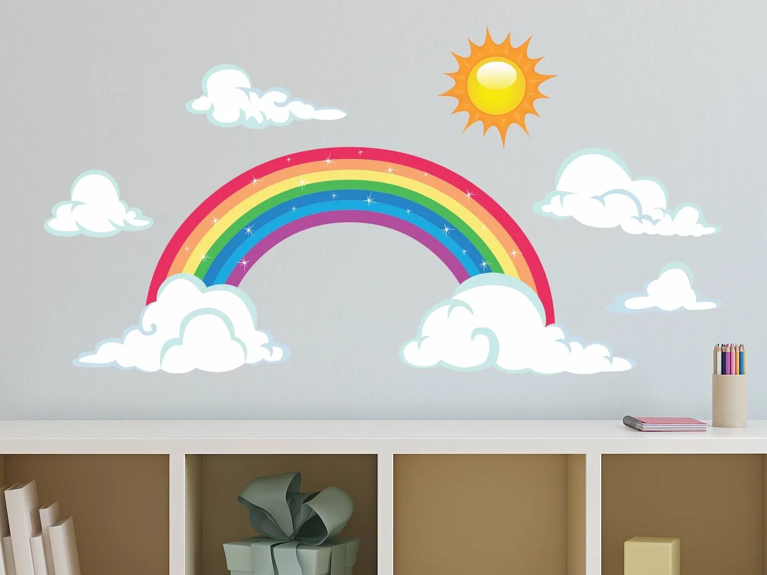 Радуга в оформлении детской Amazon.com: Sunny Decals Sparkling Rainbow with Clouds Wall Decal - Removable Fa