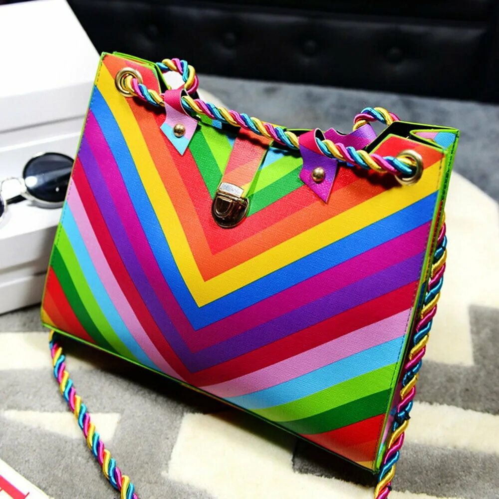 Радужные сумочки Handbag Rainbow Bag String Openings Rivet Candy Hit The Color Stripe W