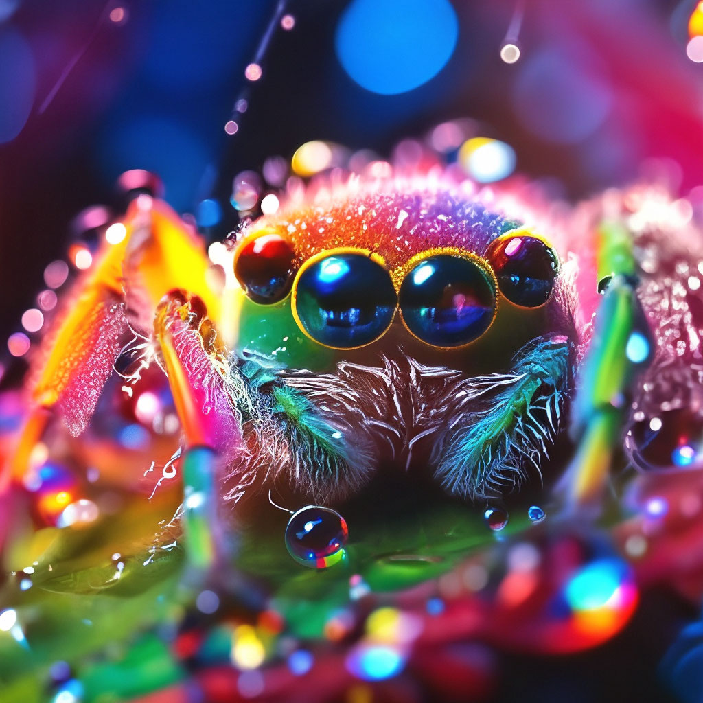 Радужный паук фото "A shaggy rainbow spider sits in the ." - image created in Shedevrum