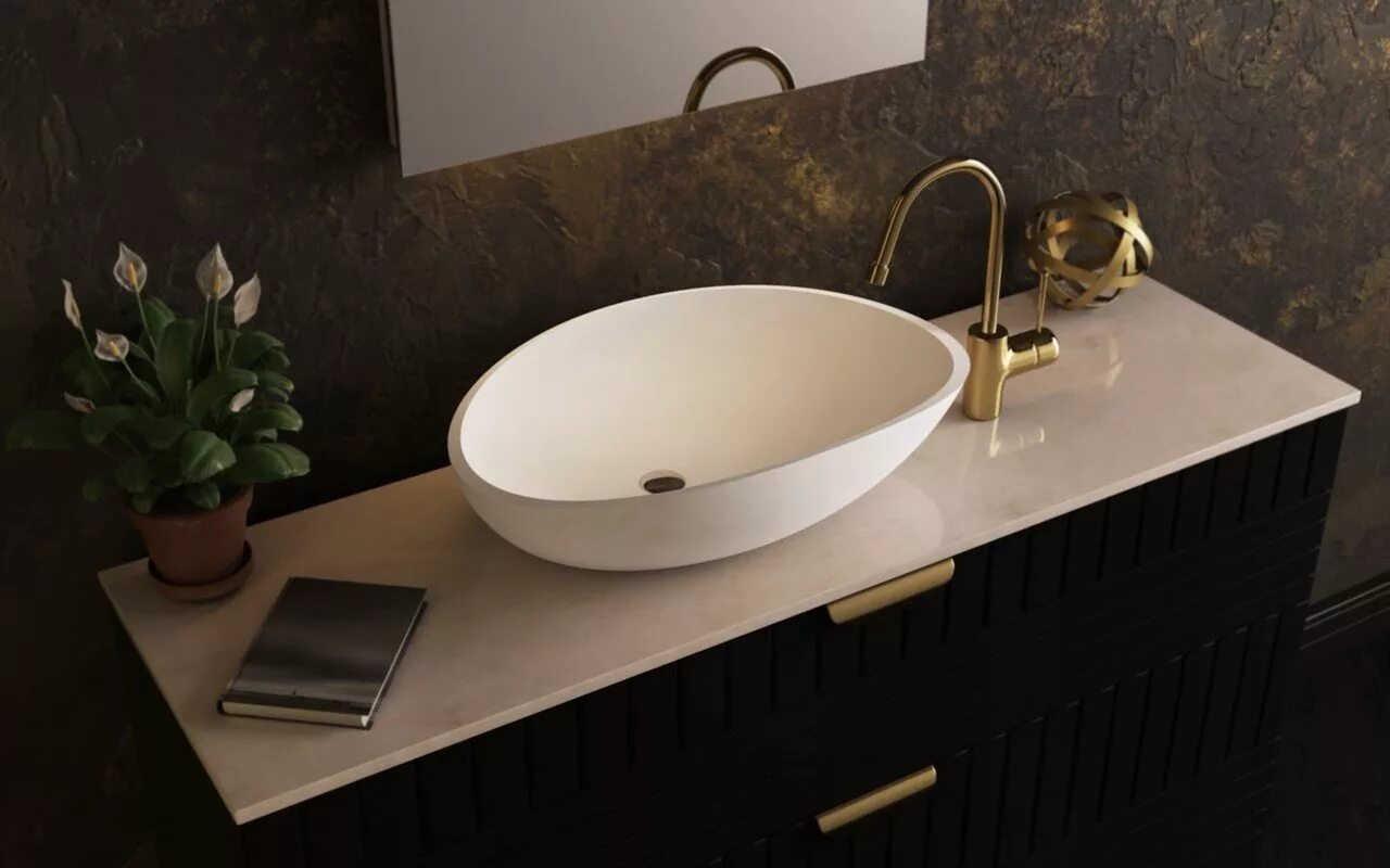 Раковина в интерьере ванной Lotus-Wht Stone Vessel Sink Aquatica Bath UK