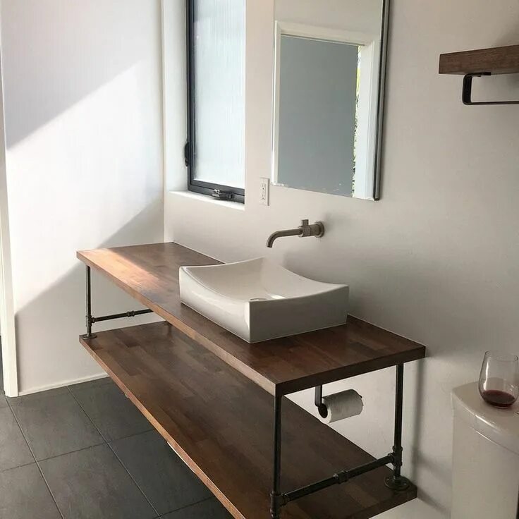 Раковина в ванну в стиле лофт Floating Wood Bathroom Vanity With Pipe for a Modern or Rustic or Industrial Res