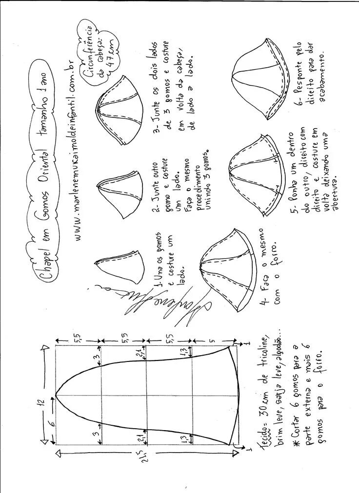 Ракуса выкройки Chapéu Oriental de gomos Hat patterns to sew, Sewing patterns, Smocking patterns