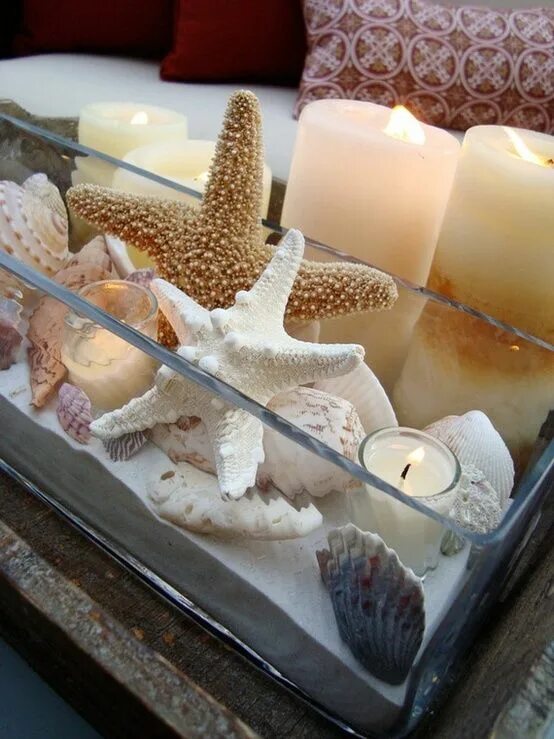 Ракушки в интерьере ванной low glass vases with sand, shells, stones, crystals, wood, candles, etc Beach th