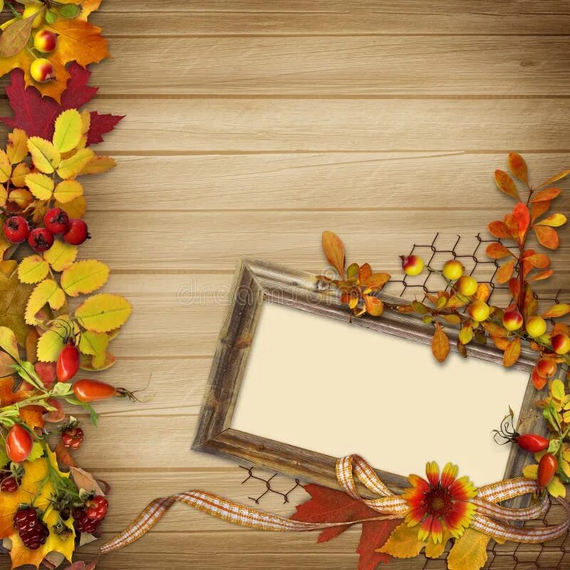 Рамка для фото онлайн осень Frame with Autumn Leaves and Berries on a Wooden Background Stock Illustration -