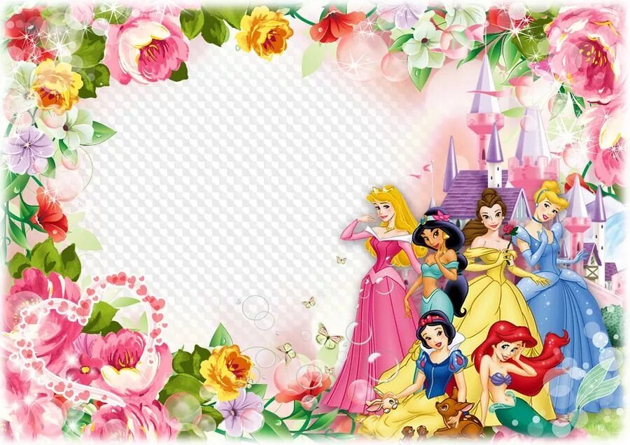 Рамка для фото с днем рождения девочке Photo Frame template for children photo with Disney Princesses - Happy Birth. Ha