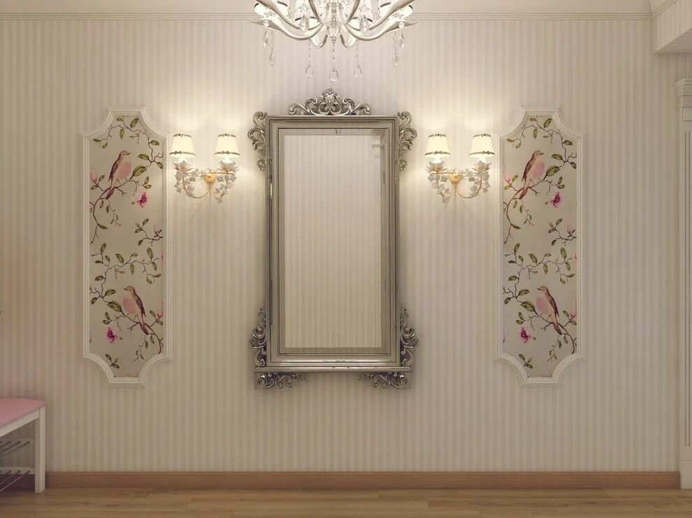 Photographs hung within molding. Use of wallpaper framed by molding. Wallpaper l