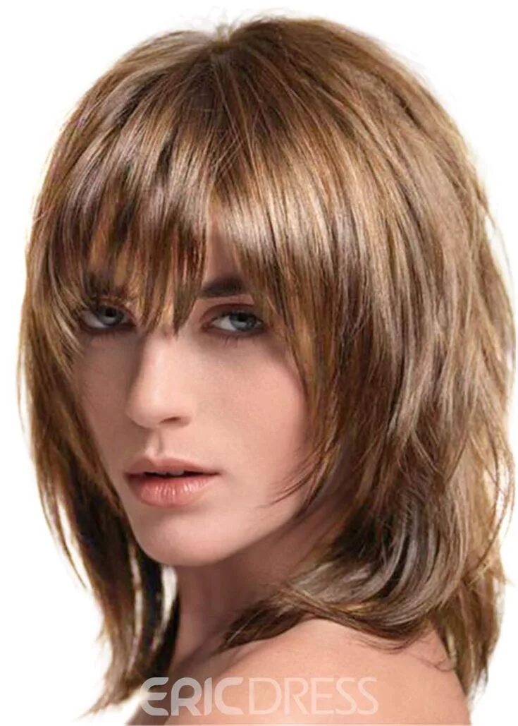 Рапсодия на средние волосы фото Ericdress Layered Shag Hairstyle with Full Fringe Middle Length Synthetic Caples