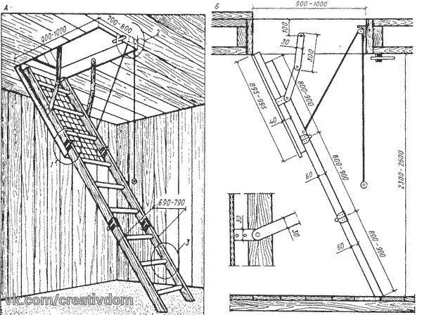 Раскладные лестницы своими руками чертежи Интерьер, дом, сад, дача: Складная лестница на чердак своими руками Лестница на 